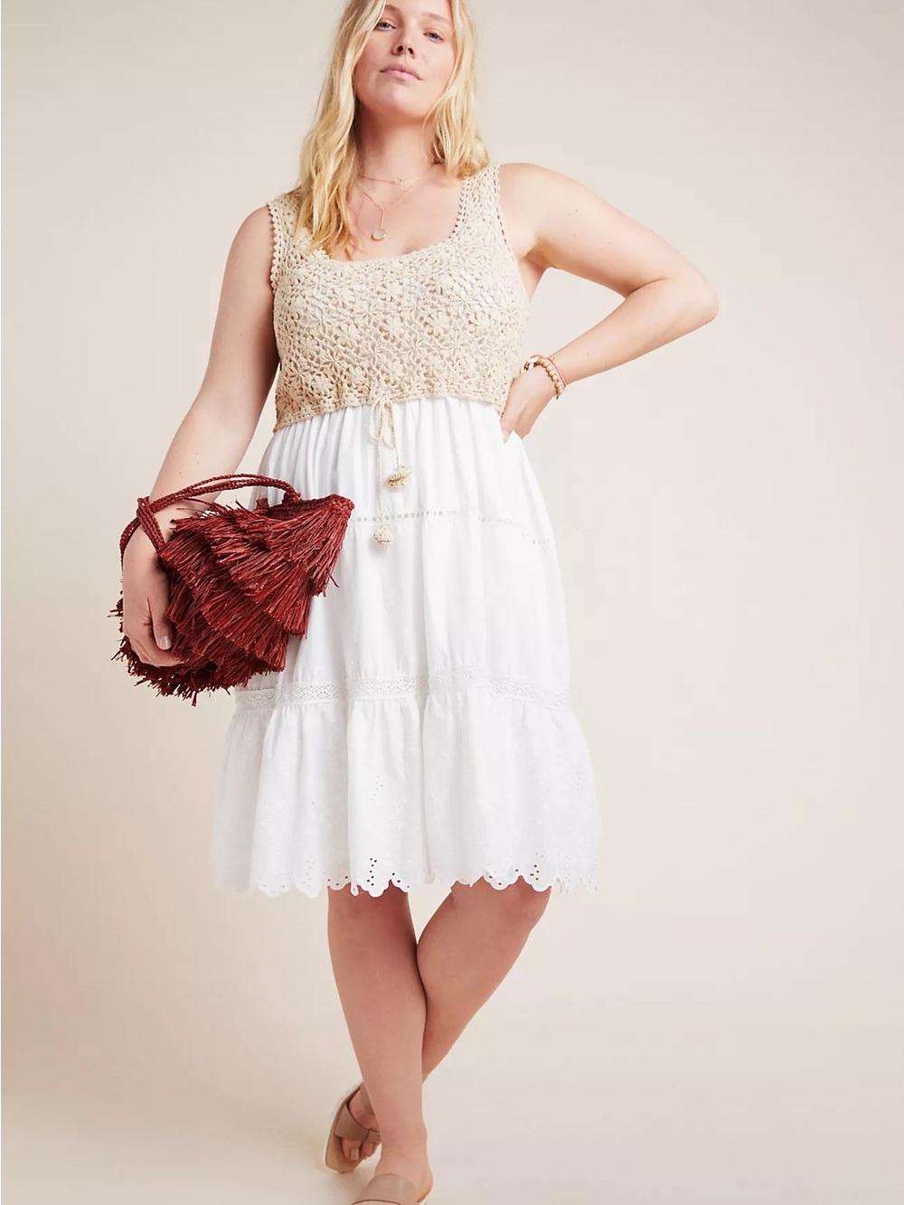 XL Anthropologie Beckett Crochet Eyelet White & Cream Boho Midi Dress
